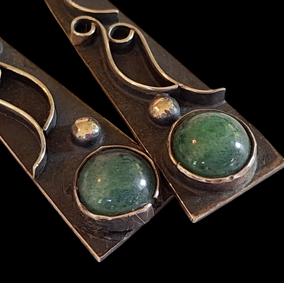 Vintage Sterling Silver 925 Chrysoprase Taxco Earrings TG-48 Weigh 11.1 grams - Picture 3 of 14